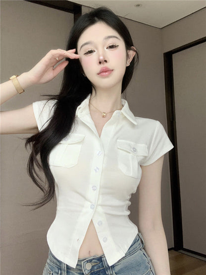 Antmvs Daniella Solid Color Pollo Collar Short Sleeve Button Up Slim Office Shirt Design Top