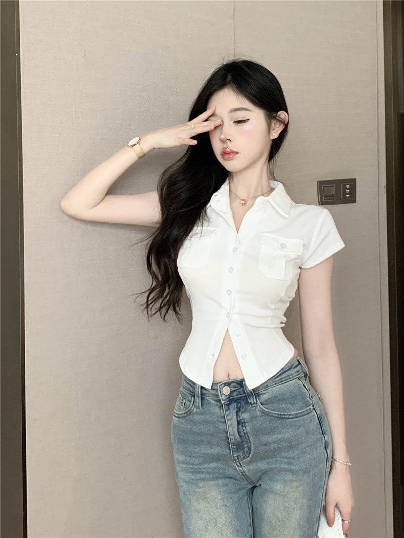 Antmvs Daniella Solid Color Pollo Collar Short Sleeve Button Up Slim Office Shirt Design Top