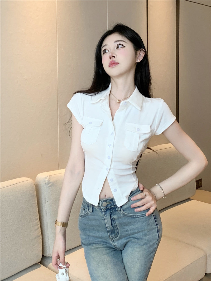 Antmvs Daniella Solid Color Pollo Collar Short Sleeve Button Up Slim Office Shirt Design Top