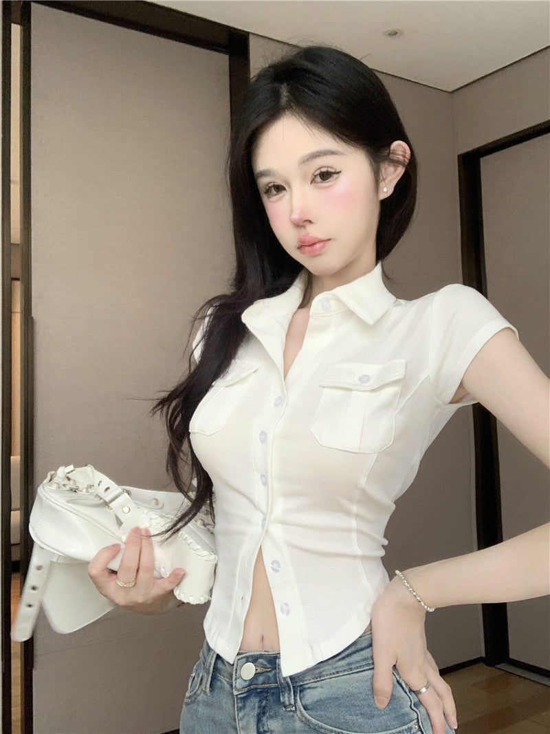 Antmvs Daniella Solid Color Pollo Collar Short Sleeve Button Up Slim Office Shirt Design Top