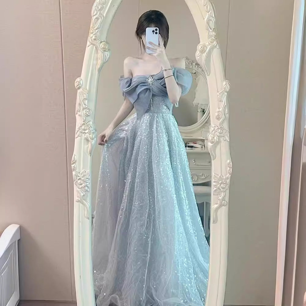 off-Shoulder Evening Dress for Women Banquet Temperament Light Luxury Minority High-End Host Art Exam Adult Ceremony Pettiskirt Dress