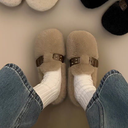2025 Fluffy shoes women's outer wear popular new winter Maillard belt buckle soft sole non-slip beanie cotton shoes