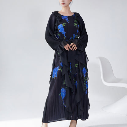 2025 Hot trade Sanzhai autumn dress high-end long-sleeved retro printing loose large size lace-up temperament elegant long dress