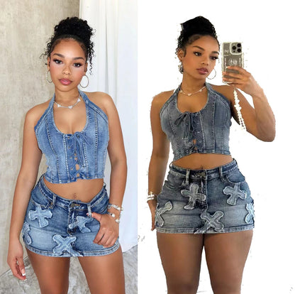 Antmvs -  Denim Skirt Set Fashion Denim Skirt 2 Piece Set Fashion Printed Embroidered Half Skirt Set Sexy Spice Girls Hanging Neck Denim Top Wrap Hip Half Body Skirt Vintage Tie Cross Washed Set