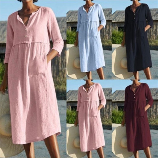 ANTMVS wish  European and American Spring and Summer Hot-Selling round Neck Button Pocket Cotton and Linen Half Sleeve Solid Color Dress