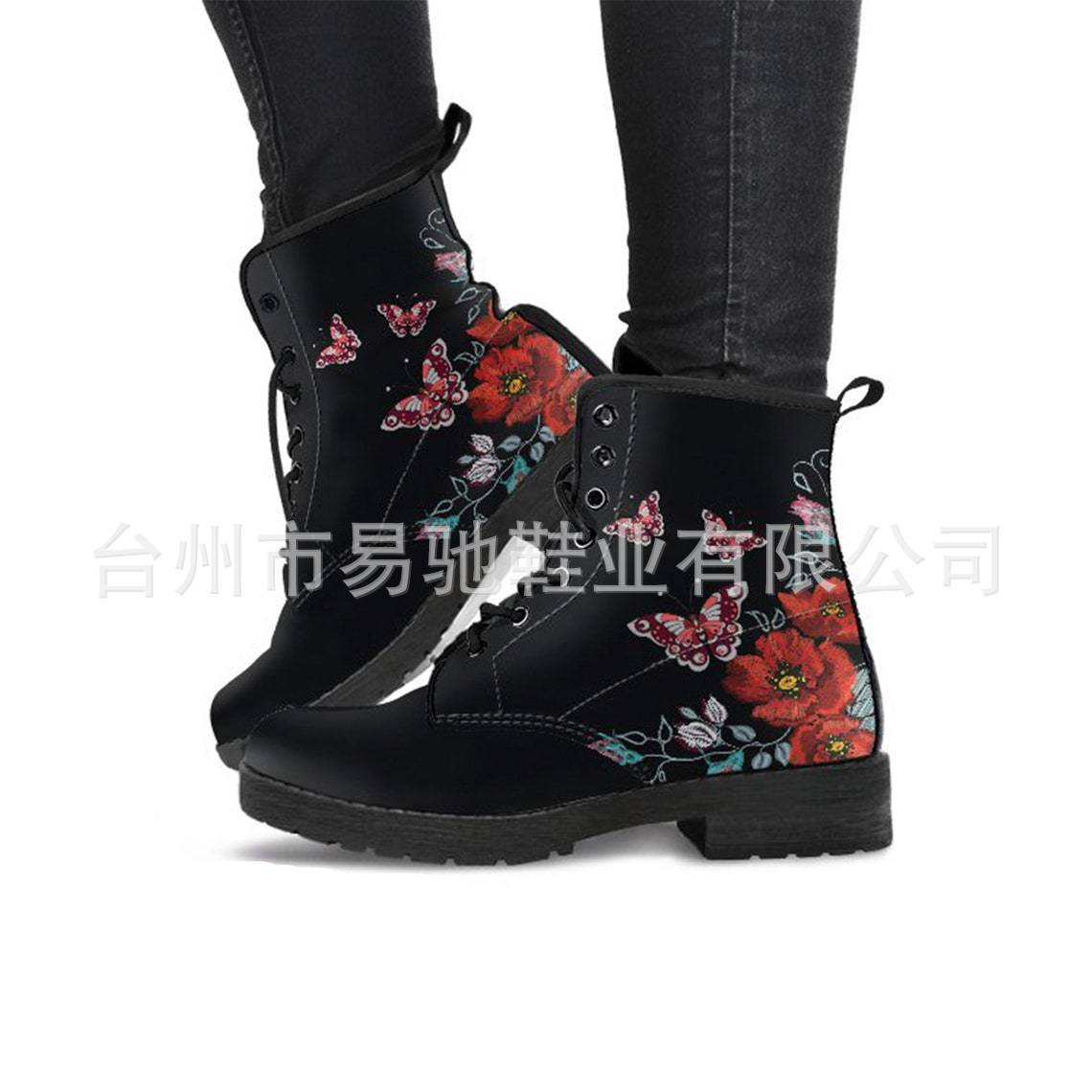 Cross-Border Foreign Trade plus Size Autumn and Winter Women's Martin Boots Wonderland Gothic Print British Leather Tooling Combat Boots