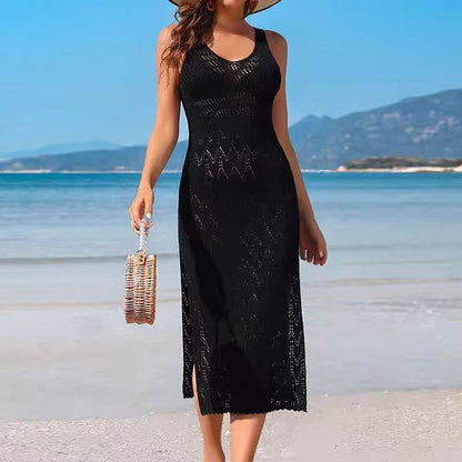 European and American Women's Clothing Long Knitted Sling Dress Sexy Hot Summer Hollow Beach Bikini Blouse