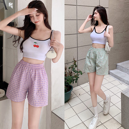 Antmvs Summer Home Plaid Floral Shorts Sports High Waist Slimming Wide Leg Pants Loose Casual Pajama Pants for Women