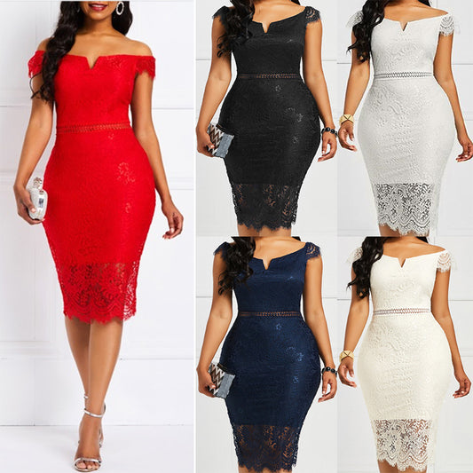 ANTMVS Factory in Stock Cross-Border European and American Evening Dress Short Sleeve V-neck off-Shoulder Sexy Medium Long Sheath Lace Dress Wholesale