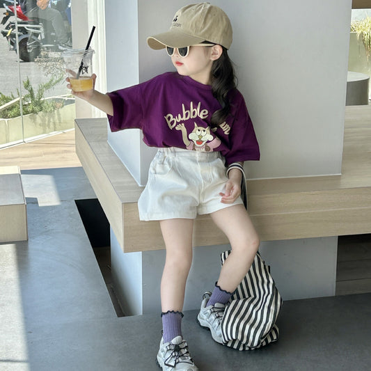 ANTMVS Girls' T-shirt  Summer New Children 2-7 Years Old Korean Style Short-Sleeved Shirt Children's Half Sleeve Bottoming Shirt Western Style