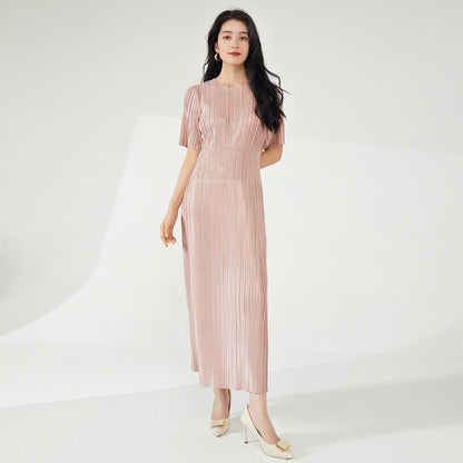 2025 summer dress women's high-end sense round neck short sleeve waist thin metal texture temperament elegant dress dress