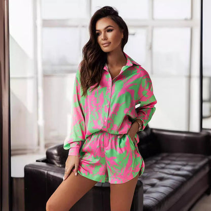 ANTMVS 2022 Wish Cross-Border Foreign Trade Women's Multicolor Vacation Style Casual Shirt Shorts Suit in Stock