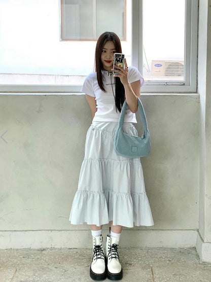 Antmvs -  Korean Style Pleated Skirt All-match Low Waist Mid-length Umbrella Skirt