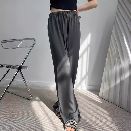 Antmvs Summer Silky Loose Satin Acetate Silk Wide-Leg Pants Women's High Waist Trousers Soft Glutinous Draping Casual Pants