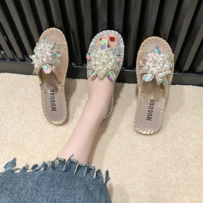 ANTMVS Classic Flower Pearl Accessories Flat Slippers Outer Size Best-Selling in Stock Slip-on Sandals Flip-Flops Beach Fashion Shoes