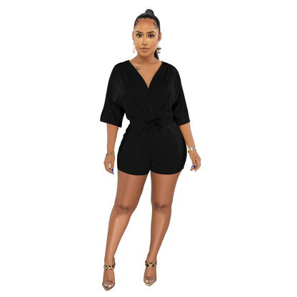 ANTMVSC6308   2025 fashion women's clothing solid color lace-up V-neck medium-sleeved shorts jumpsuit women