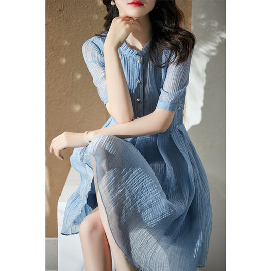 2025 High-end mesh pleated skirt, high-end temperament blue dress  women's  summer medium and long style