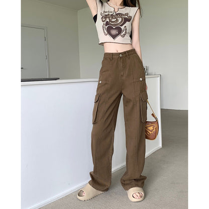 American Denim Overalls Women's 2024 New Retro High Waist Loose and Slimming Pocket Trousers Wide Leg Pants