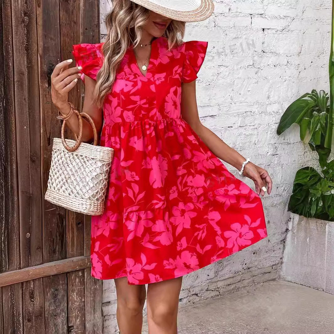 Antmvs -  Women's Floral Ruched Ruffle Hem Smock Dress, Casual Butterfly Sleeve Notched Neck Short Sundress, Summer Dresses 2024, Dresses for Women, Sundresses 2024, Ladies Clothes for Beach Holiday Vacation