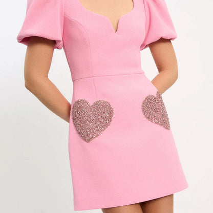 ANTMVS  24 Spring and Summer Cross-Border   V-neck Sweet Pink Puff Sleeve Sequined Women's Jumpsuit Short Hy101