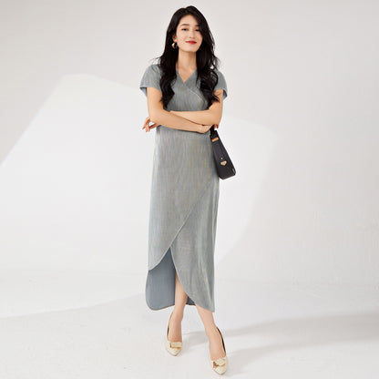 2025 dress spring and autumn women's high-end sense spring and summer new metal texture irregular split tie dress long dress
