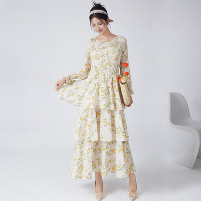 2025 Fashion dress high-end floral dress retro long-sleeved a-word skirt temperament versatile cake dress long dress women