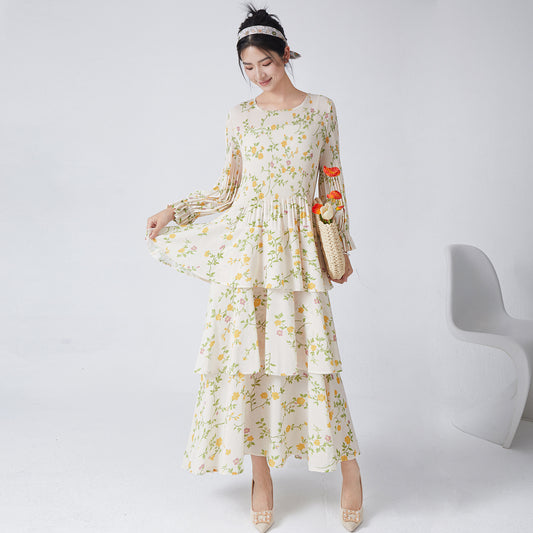 2025 Fashion dress high-end floral dress retro long-sleeved a-word skirt temperament versatile cake dress long dress women