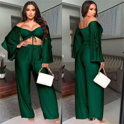 ANTMVSC6340   2025 fashion women's clothing solid color crumpled long-sleeved trousers two-piece set women