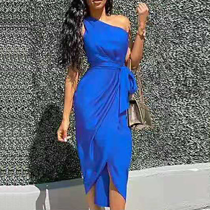 ANTMVS European and American New Satin Sloping Shoulder Dress Women's Irregular Lace-up High Waist Slimming Dress