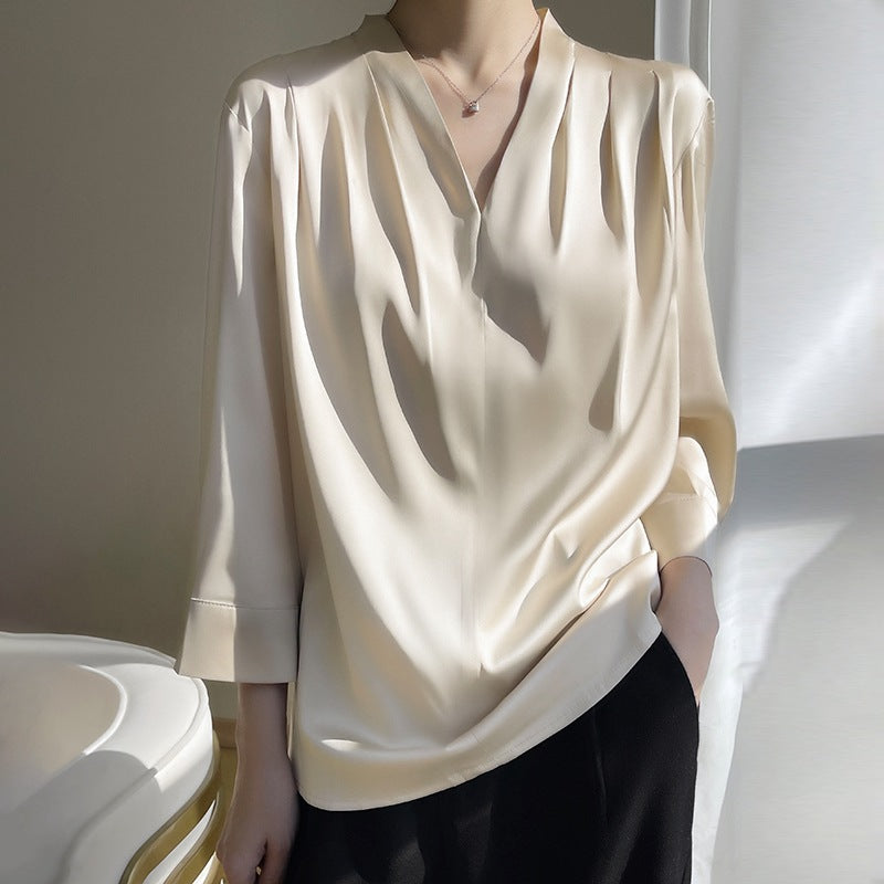 ANTMVS High-Grade  Silk Satin Shirt Women's Summer V-neck Fashionable Elegant Top Business Wear Mulberry Silk Shirt