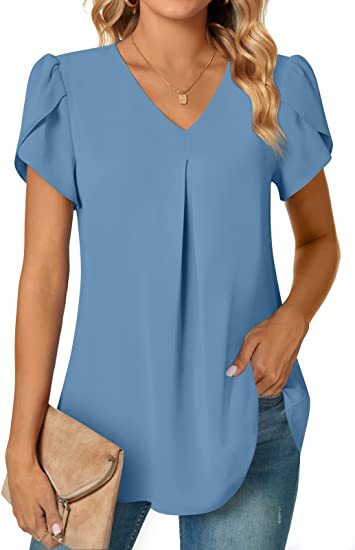 ANTMVS Independent Station Popular Women's Fashionable Chiffon Shirt V-neck Ruffled Short Sleeve Waist Top in Stock