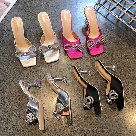 ANTMVS Crystal High Heel Sandals Style Fashion Square Toe Rhinestone Bow High Heel Slippers Wholesale