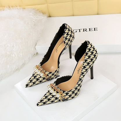 ANTMVS  8829-1 [Customized] High Heel Shoes Plaid Side Hollow Houndstooth Pearl Metal Chain Super High Heel Shoes