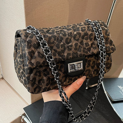 ANTMVS 2025 Rhombus chain fashion bag women's popular new niche design leopard print shoulder messenger bag high-end small square bag