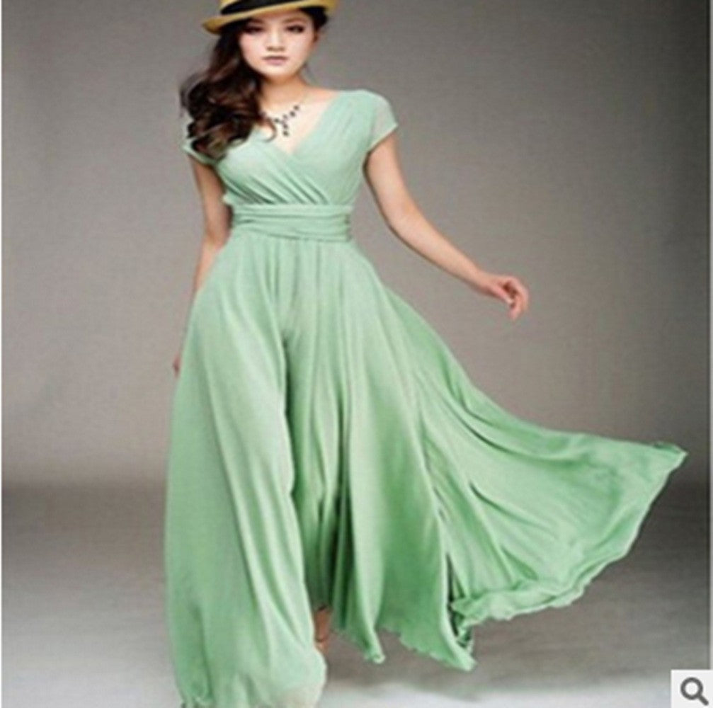 ANTMVS  EBay    Cross Border V-neck Short Sleeve Bohemian Chiffon Waist Dress Evening Dress