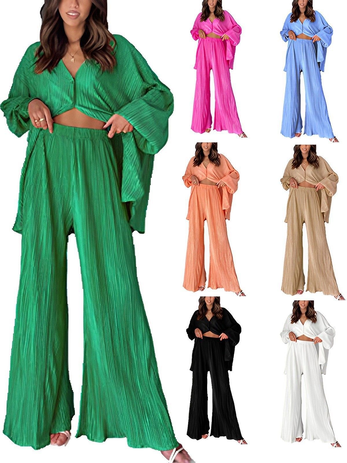 Antmvs -  New Cross-border Women's Spring Solid Color Pleated Single-breasted Top High Waist Wide-leg Flared Pants Home Wear Suit