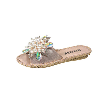 ANTMVS Classic Flower Pearl Accessories Flat Slippers Outer Size Best-Selling in Stock Slip-on Sandals Flip-Flops Beach Fashion Shoes