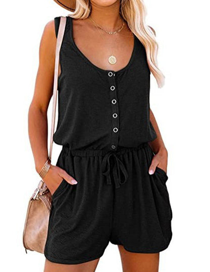 Antmvs -  Fisoew Women's Summer Scoop Neck Sleeveless Button Down Tank Top Rompers Elastic Waist Shorts Outfits with Pockets