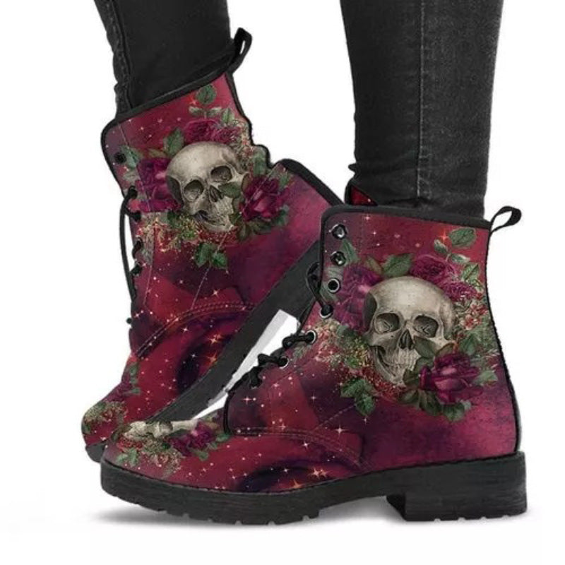 Cross-Border Foreign Trade plus Size Autumn and Winter Women's Martin Boots Wonderland Gothic Print British Leather Tooling Combat Boots