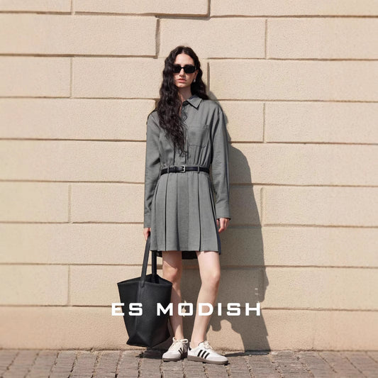 2025 ES MODISH Spring New Urban Commuter Waist Shirt Dress Pleated Long Sleeve Skirt (with Belt)