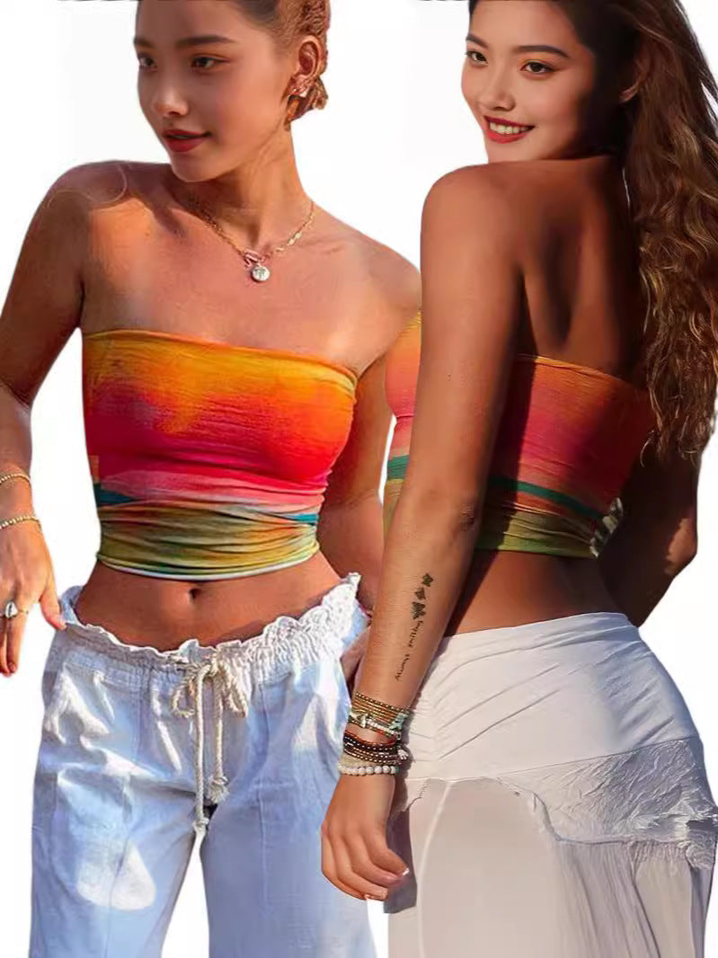 Antmvs -  Women Wrap Chest Tube Tops Print Boat Neck Strapless Tank Tops Summer Backless Bandeau Crop Tops Fashion Light