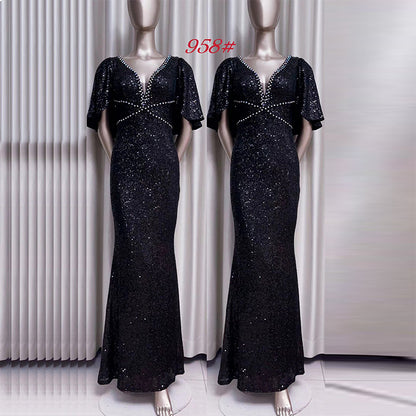 Silver Paillette plus Size Short-Sleeved Evening Dress Winter Art Exam Auto Show Host Catwalk Qianjin High-End Fishtail Dress