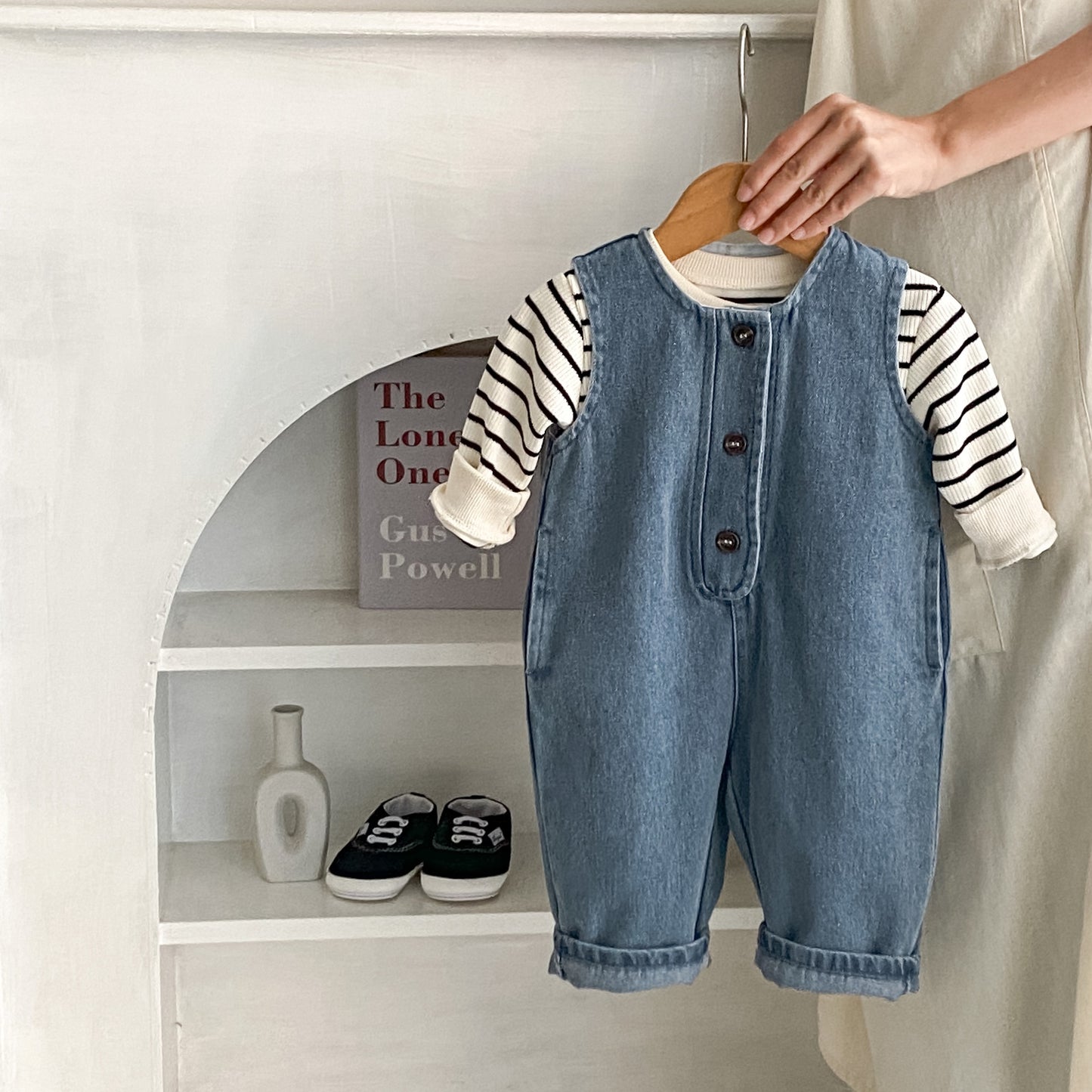 ANTMVS Spring Infant 0-3 Years Old Baby Girl Striped Top Denim Vest Long Climbing 2 Pieces Suit Can Be Sorted