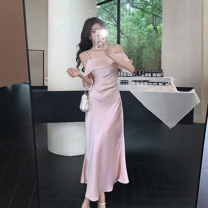2025 spring and summer  suspender one-word shoulder satin suspender dress women's pleated waist and thin fishtail dress