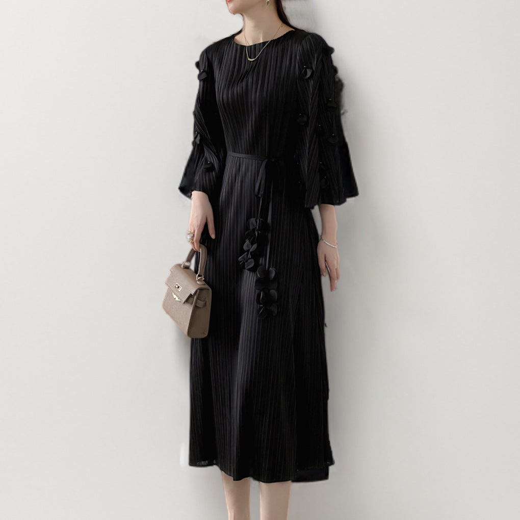 2025 2025 New new Mizhai dress large size women's clothing seven-quarter sleeve lace-up medium and long fashion temperament pleated skirt