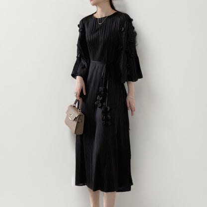 2025 2025 New new Mizhai dress large size women's clothing seven-quarter sleeve lace-up medium and long fashion temperament pleated skirt