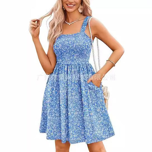 ANTMVS Women's Summer Casual Square Collar Dress with Pockets Cute Sleeveless High Waist A- line Vest Medium