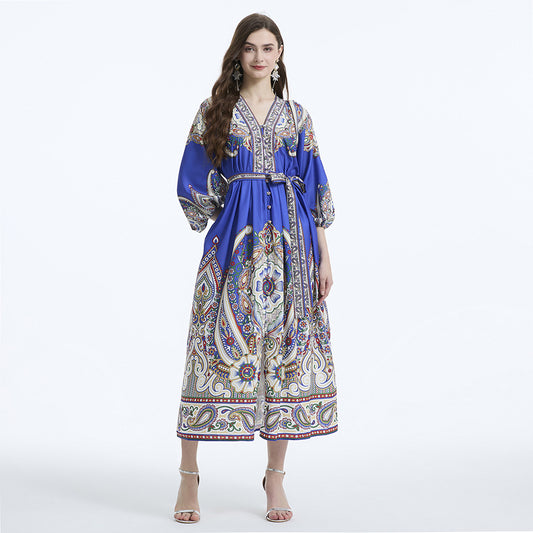 Spring and Autumn Retro Court Style Lantern Long Sleeve V-Neck Waist Skinny Lace-up A-Word Positioning Printed Dress Dress