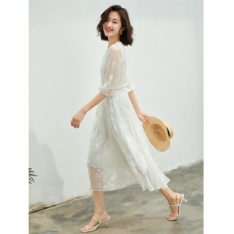 Heavy Embroidery Dress Women's Summer Feeling Mulberry Silk Skirt White Temperament High Waist Silk Dress