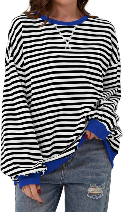 Antmvs -  Fisoew Womens Striped Oversized Sweatshirt Color Block Crew Neck Long Sleeve Shirt Casual Loose Pullover Top Y2K Clothes